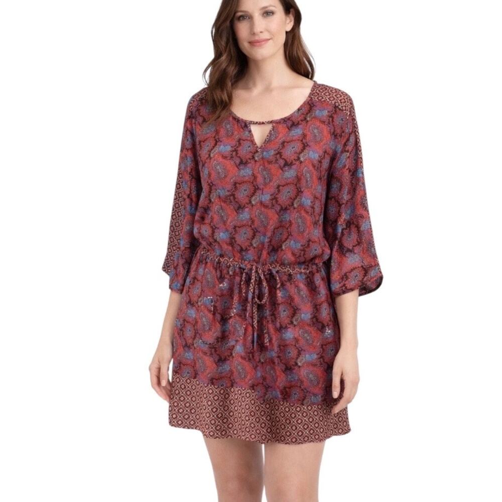 Aina Be Paisley Print Keyhole Neck 3/4 Sleeve Mini Dress Size Medium